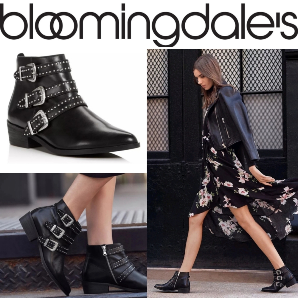 AQUA Bloomindale's Black Leather Studded Buckles Ankle Boots US 7.5